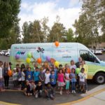 Children standing in front of New West Symphony Music Van