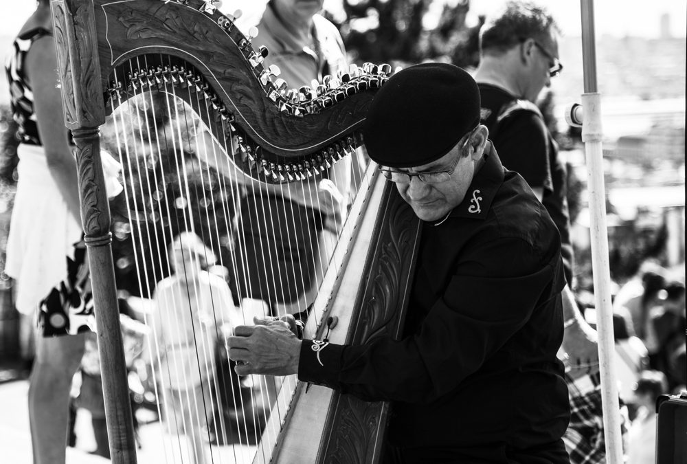 Grown man playing harp