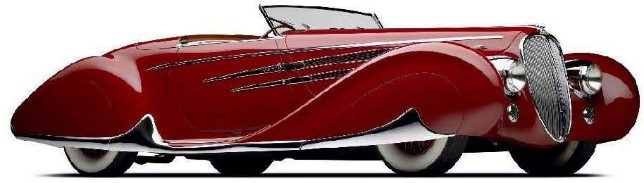 Red classic convertible with large, rounded fenders and white-walled tires