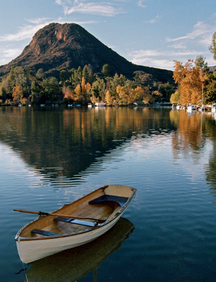 Row boat on serene waters of Malibou Lake